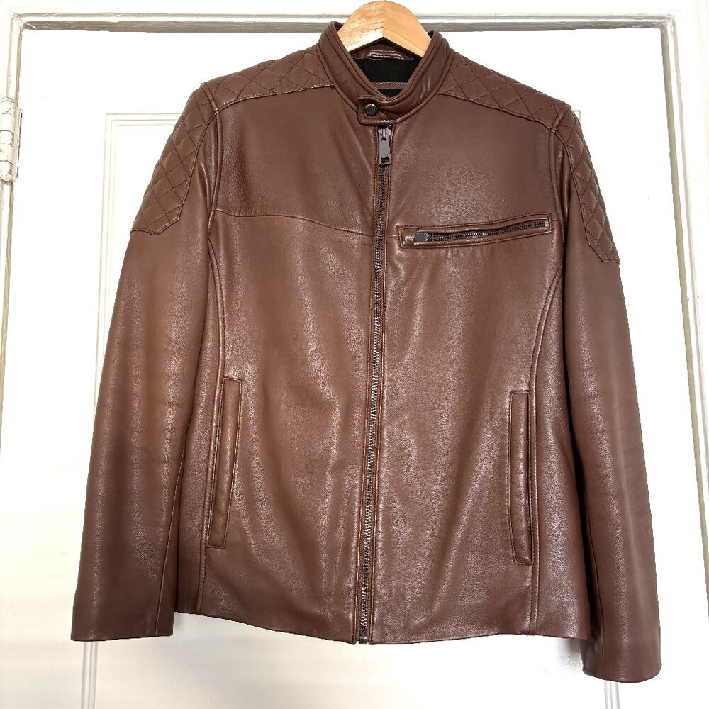 Andrew Marc Brown Lambskin Leather Moto Jacket